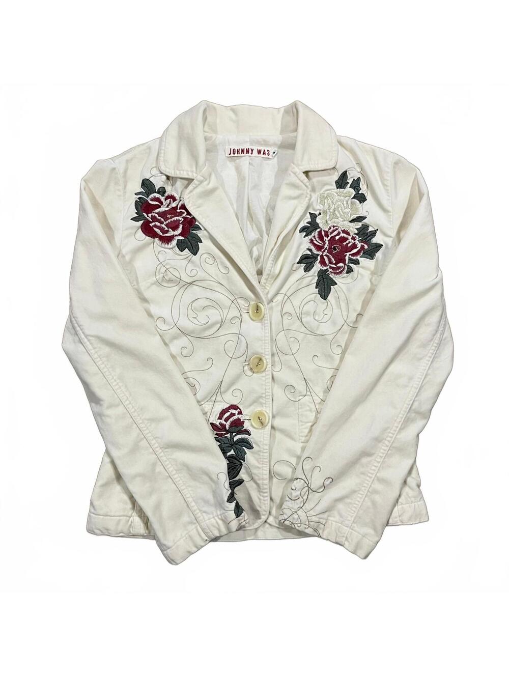 Johnny Was Floral Embroidered Ivory White Velvet Blazer Jacket Size Small